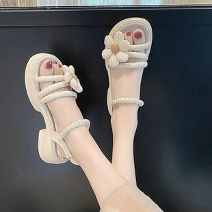 花朵凉鞋女生甜美可爱学生鞋夏季软底大童罗马鞋百V搭不累脚孕妇
