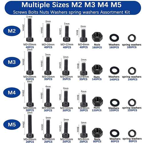 2000pcs圆柱头内六角螺钉配弹垫平垫套装M2/M3/M4/M5高强度12.9级