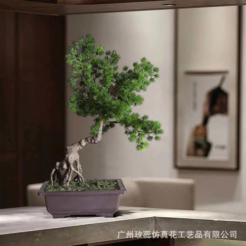 新款中式仿真罗汉松盆栽 客厅茶几桌面摆放仿真绿植盆栽迎客松