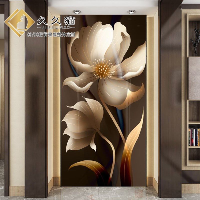 艺术瓷砖背景墙牡丹花开竖版防水样板房入户玄关墙画全瓷岩板墙砖