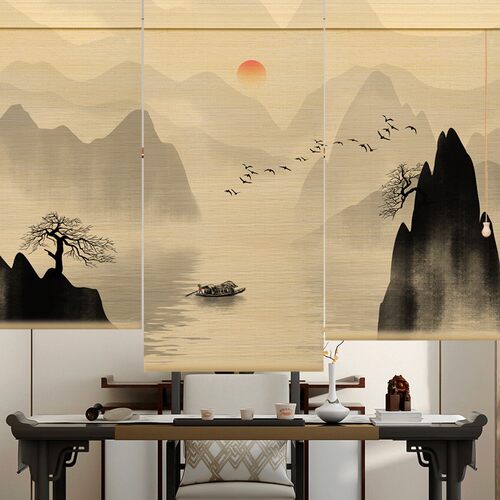 竹帘窗帘中式印花卷帘遮光升降遮阳帘隔断餐厅饭店家商用定制门帘