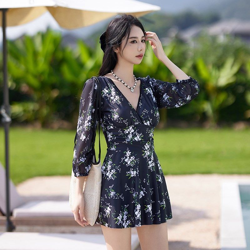 女士温泉泳衣女款成人连体大码微胖长袖保守平角裤裙式遮肚子显瘦