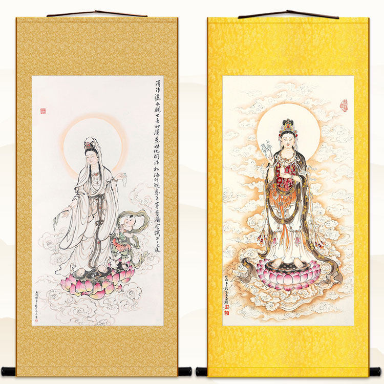 观世音菩萨画像 观音娘娘水墨画 绢布材质佛堂书房卷W轴挂画装饰