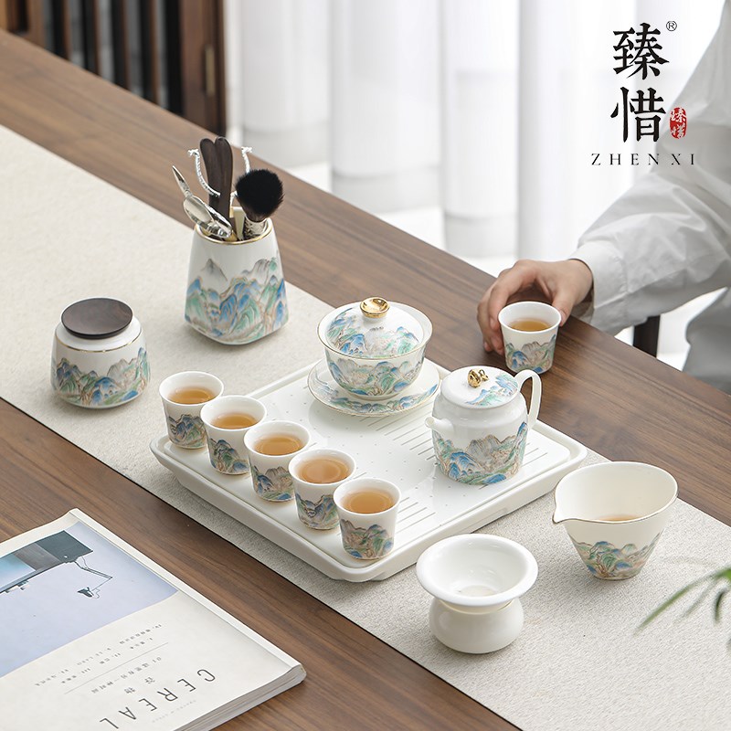 臻惜江山功夫茶具套装盖碗家用陶瓷泡茶杯客厅中式小干泡茶台