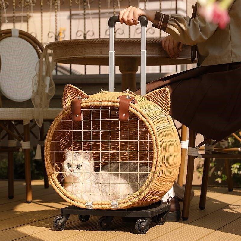 猫包便携外出宠物拉杆箱手作仿藤编行李箱狗狗出行包防应激猫咪提