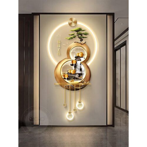 新中式流水生财玄关装饰画葫芦走廊过道挂画入户门立体壁饰灯