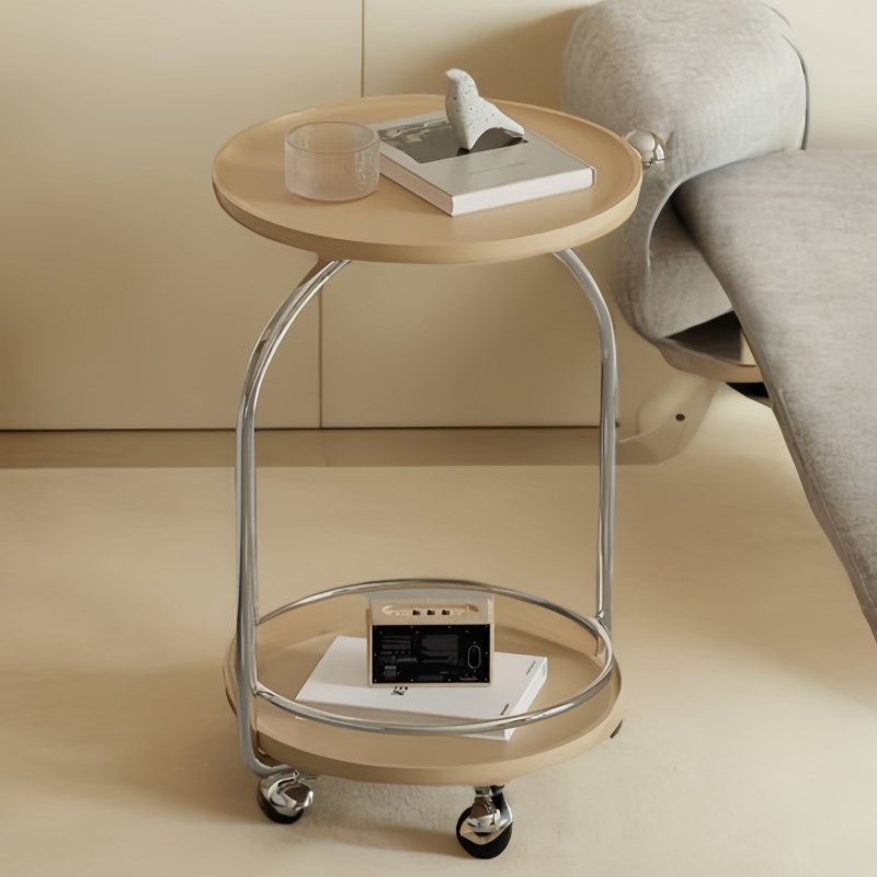 奶油风移动边几客厅圆形小推车茶几高颜值不锈钢迷你双层沙发边几
