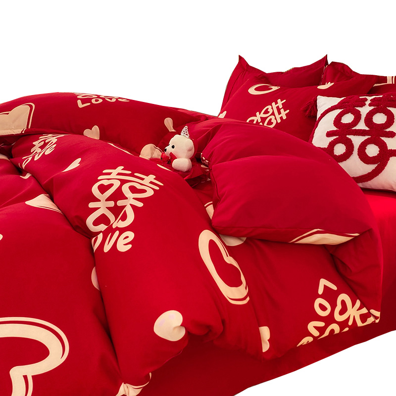 婚庆床上四件套大红色结婚房喜被磨毛床单被套婚嫁非全棉床品