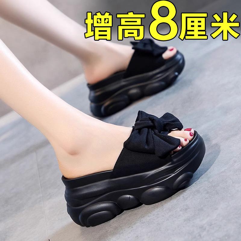 夏季厚底增高蝴蝶结凉拖 日常外穿沙滩凉鞋 甜美J风织物凉拖 粉红