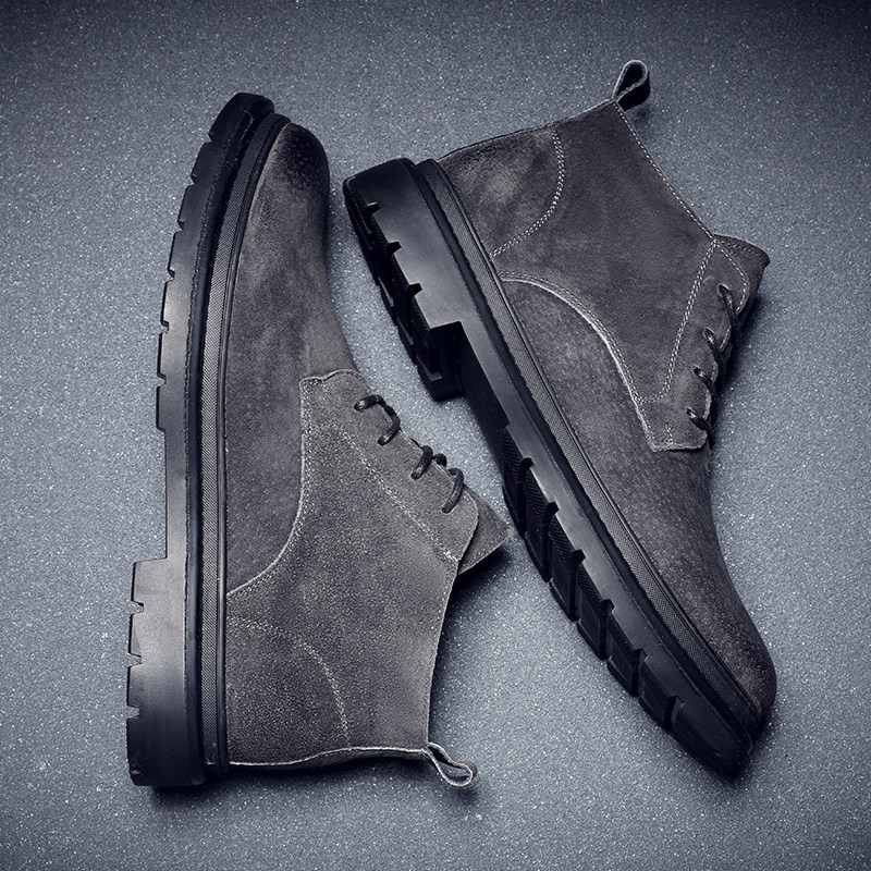 新款休闲马丁靴低帮短靴子男款灰色皮靴百搭英伦风透气工装鞋男士