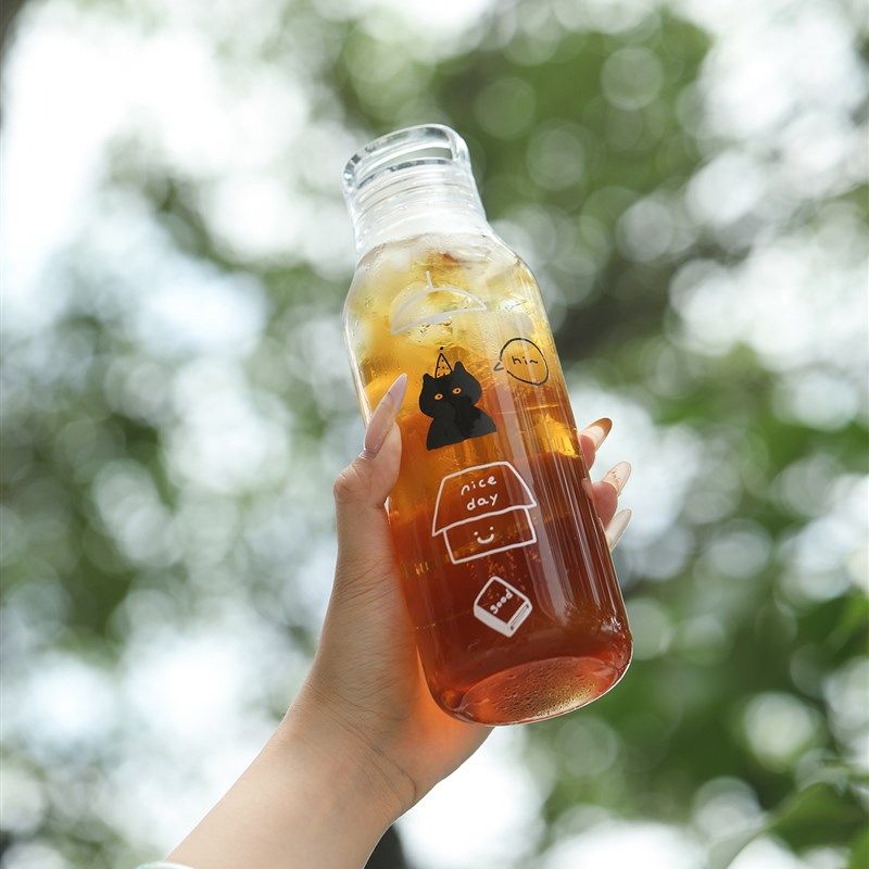 蓝莲花玻璃水杯高颜值水瓶高硼硅夏天冷泡K冷饮杯子瓶子便携大容