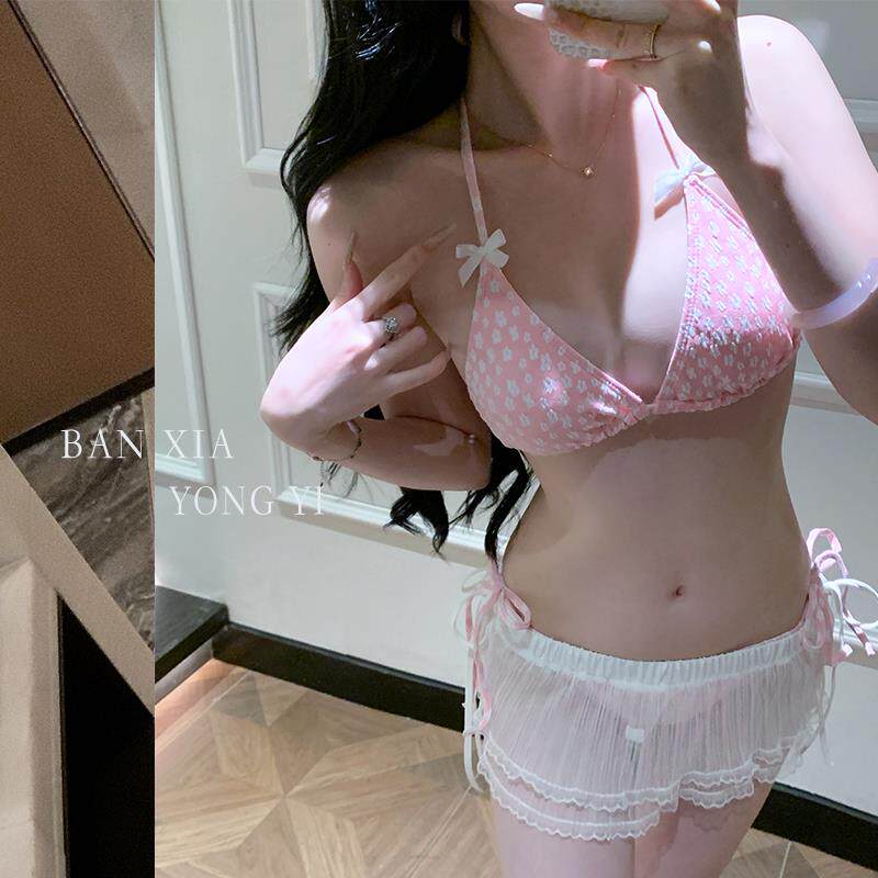 粉色碎花甜辣风比基尼泳衣显白分A体绑带度假温泉泳衣罩衫保守遮