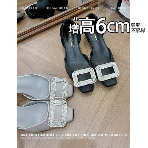 累脚！缎水不钻方扣内增高面玛丽OHC珍女鞋新款浅口方头鞋