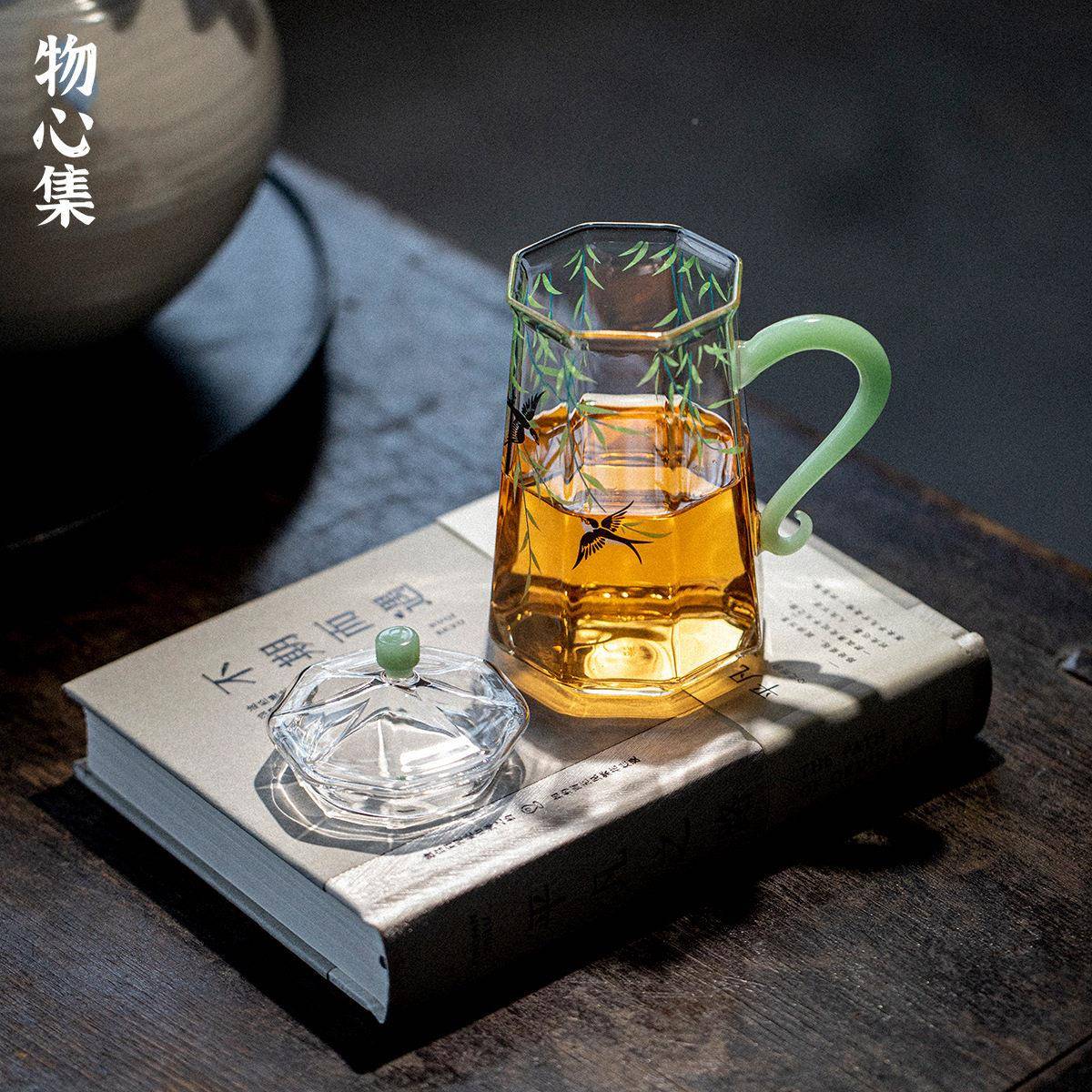 物集耐带热杯玻璃大号茶盖子办公室绿茶心杯手把OXC水杯高硼硅花