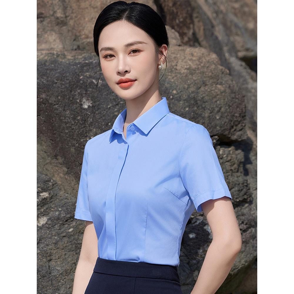 蓝色衬衫女职业装棉免抗皱高工作服商务面试烫正装长袖纯白衬PGW