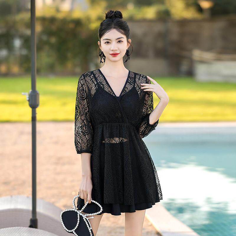 高泡泳衣保女款夏两件式三2329件套蕾丝显瘦遮肚守大尺码胖级感温