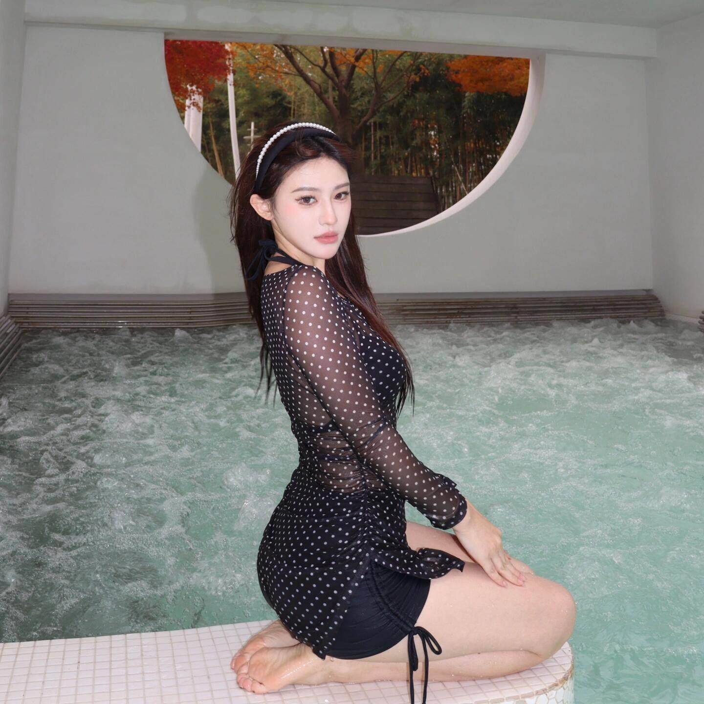 比肚尼泳衣女黑色点长袖罩衫三件套两件式波小基胸遮子显瘦WWZ沙