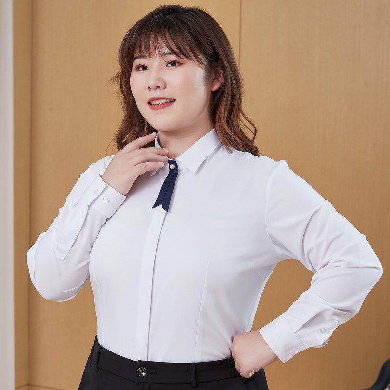 胖长袖白衬DkRHQBmY女衫斤弹力加加大衬衣职业装宽松工码作面试肥