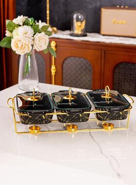 跨境casserole三格金色架子大理石纹陶瓷烤盘pot 3 pcs bake ware