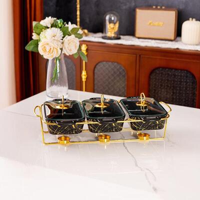 跨境casserole三格金色架子大理石纹陶瓷烤盘pot 3 pcs bake ware