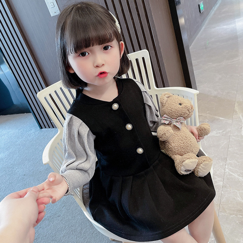 女童假两件连衣裙2022小童秋款衣服儿童童装女宝宝学院风裙子纯棉