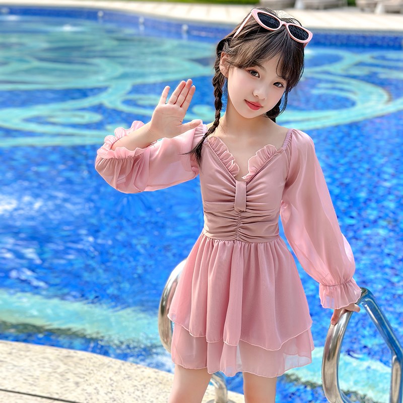 女童泳衣夏天2025新款儿童连体游泳衣公主夏装防晒长袖小女孩泳装