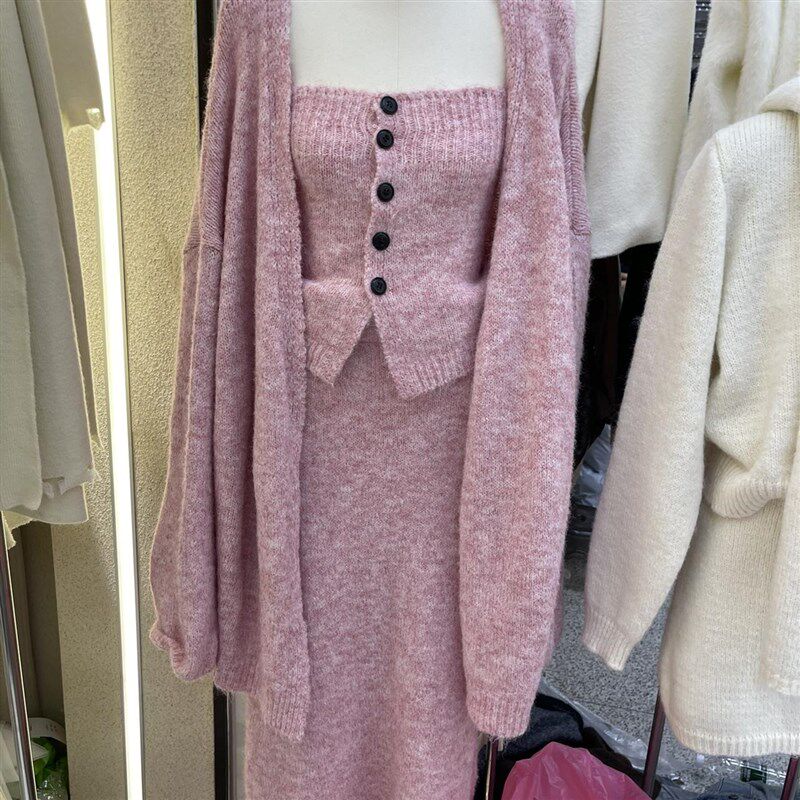 2025新款春秋针织毛衣开衫抹胸上衣中长外套半身长裙半裙三件套装