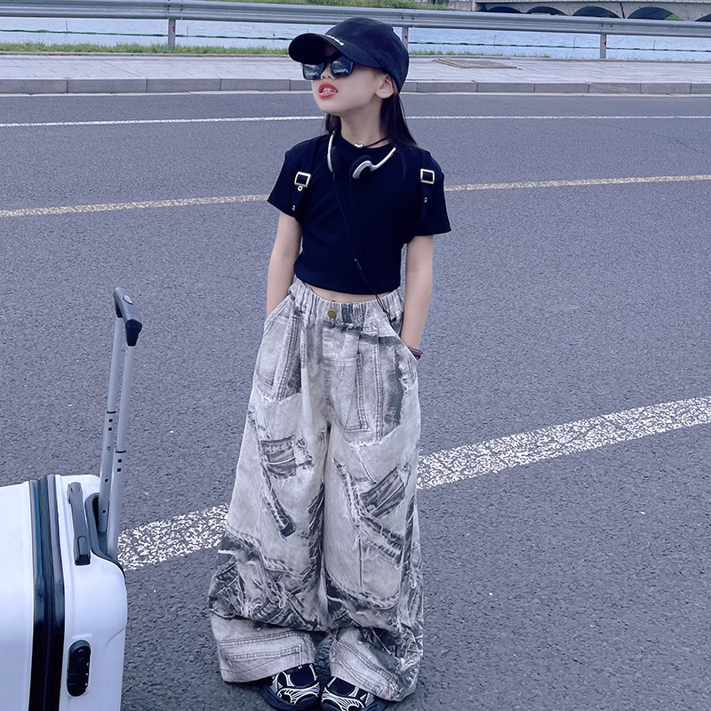 女童牛仔裤套装2024新款夏季薄款短袖女孩印花阔腿裤拖地裤两件套