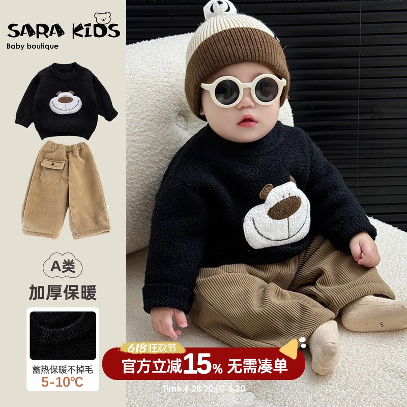 婴儿洋气套装冬天宝宝衣服加绒加厚保暖冬装小月龄上衣长裤外出服