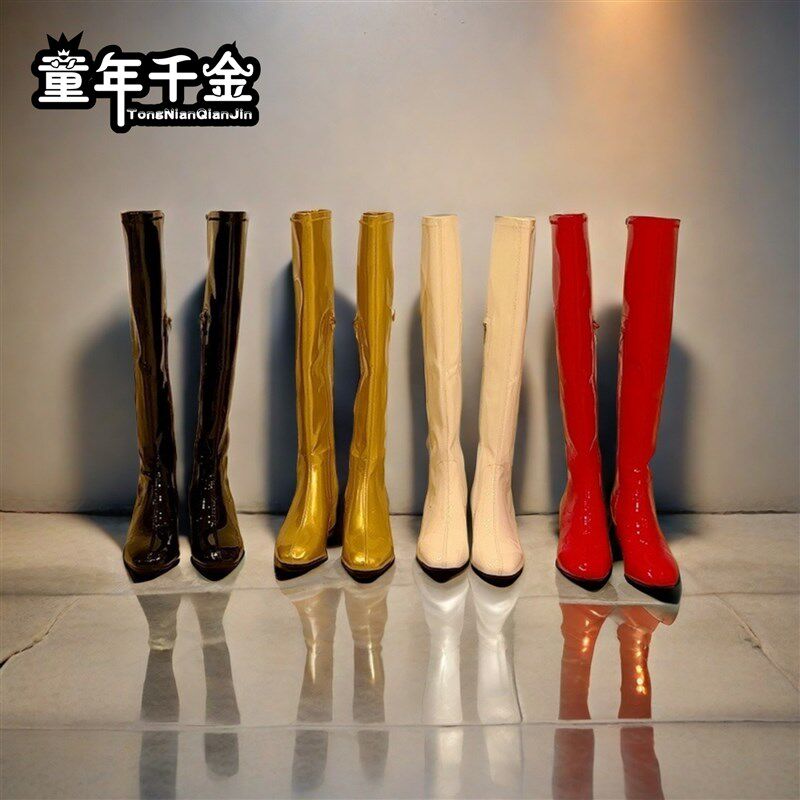 儿童走秀靴子女童过膝长款靴子金银黑白红色低跟童鞋高筒演出鞋