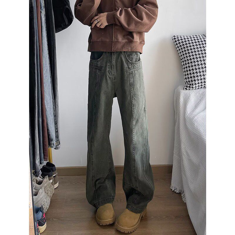 烟灰色伐木工装牛仔长裤男女显瘦美式宽松休闲水洗直筒Z伞兵微喇