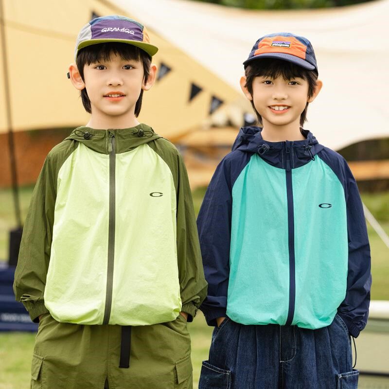 男童撞色拼接防晒衣儿童夏季轻薄连帽外套山系童装户外皮肤衣开衫