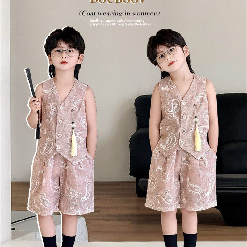 儿童背心连衣裙2025夏季新款男女童装藕粉短裤背心连衣裙宝宝儿童