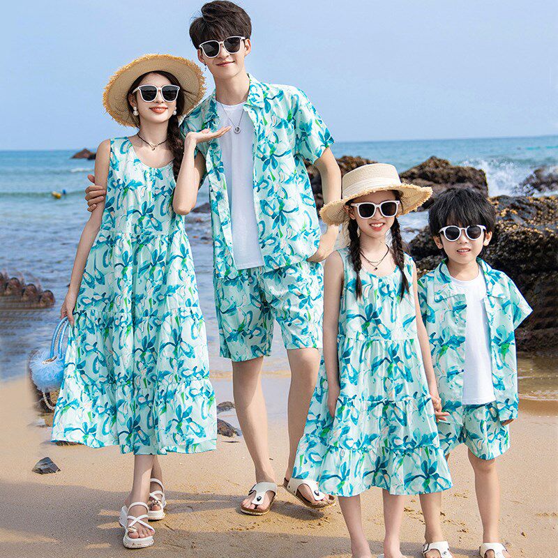时尚清新印花海边沙滩情侣装一家四口母女裙父女父子母子亲子装夏