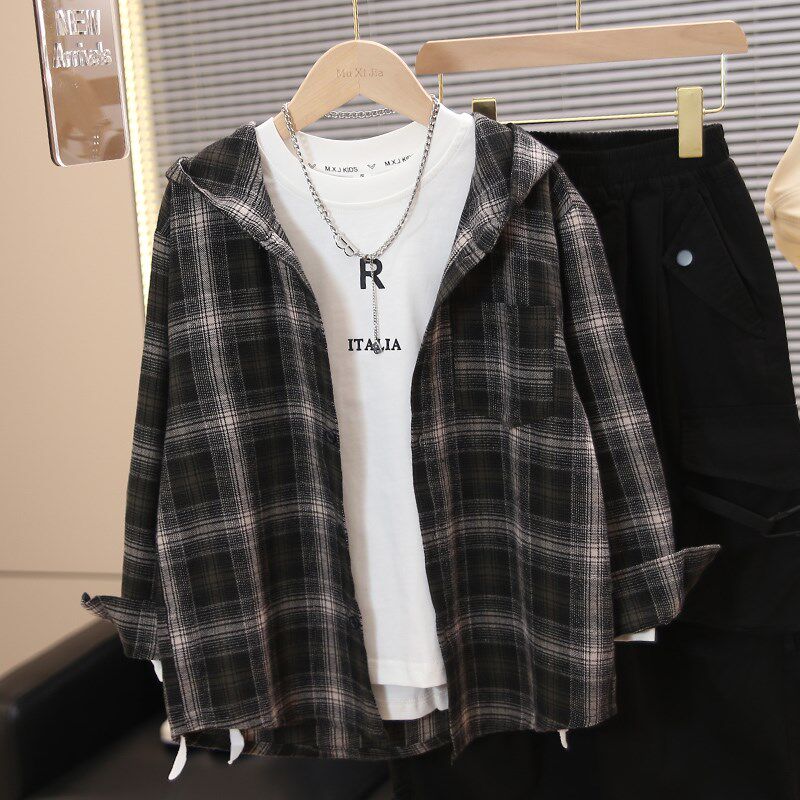 男童格子外套春秋款2025新款儿童春装长袖衬衫男孩春季上衣薄款潮