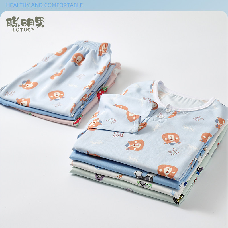 儿童棉绸家居服套装夏季七分袖冰丝睡衣睡裤男童女童圆领空调服图片