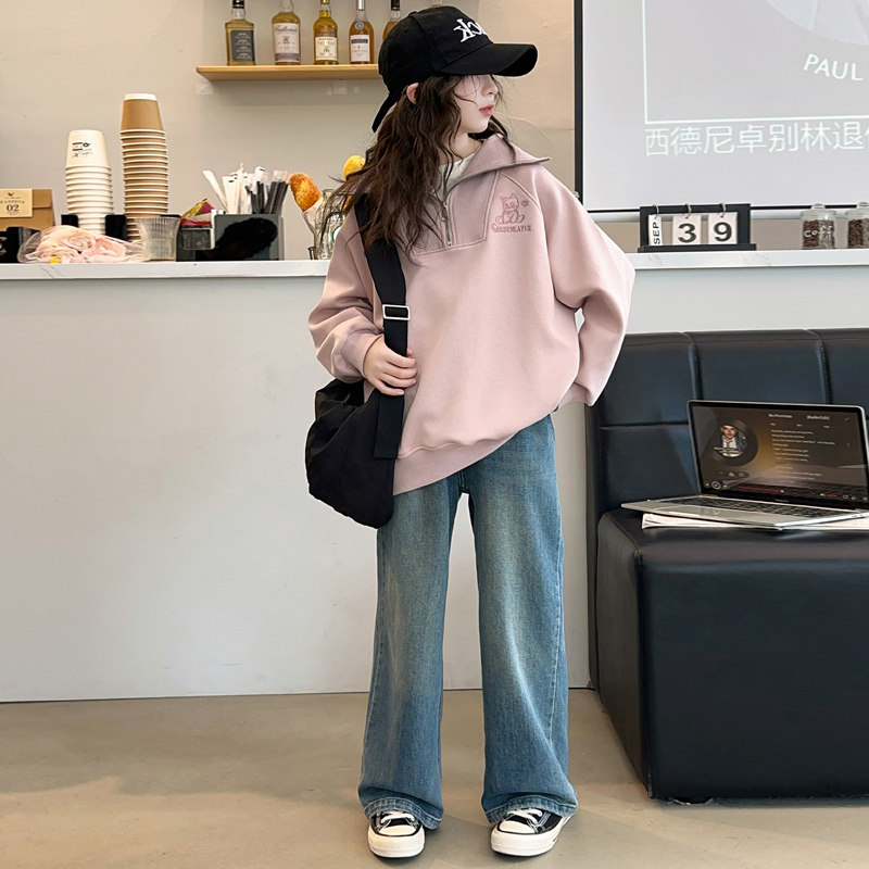 女童卫衣春秋款2024新款大童秋装长袖上衣儿童洋气秋季牛仔裤套装