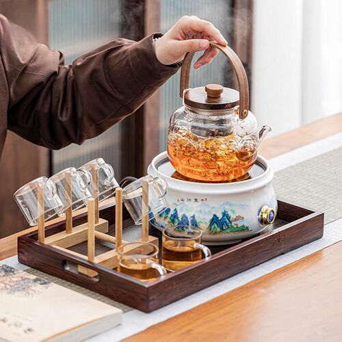 千里江山陶瓷电陶炉围炉煮茶2w024新款家用煮茶壶加厚玻璃蒸煮茶
