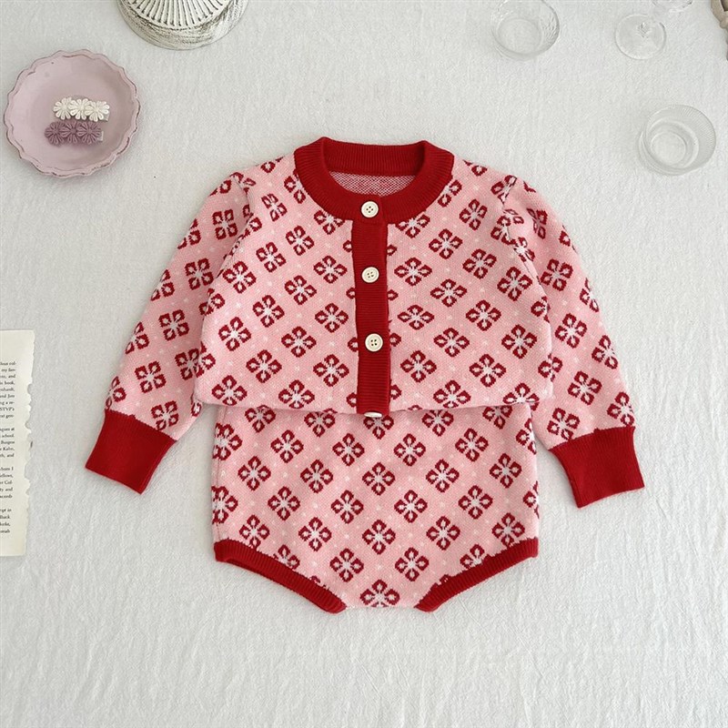 婴儿套装针织毛衣红色过年衣服女宝宝百天周岁礼服喜庆秋冬洋气