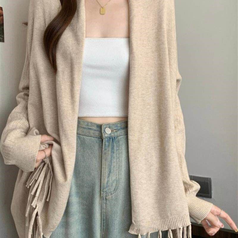 中长款针织开衫毛衣外套女款春秋大码胖mm设计感流苏上衣外搭披肩