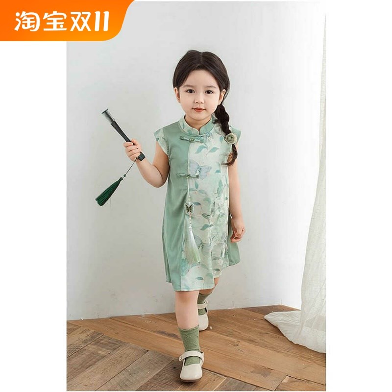 新中式中国风撞色旗袍裙子女童汉服2024夏季儿童复古装宝宝连衣裙