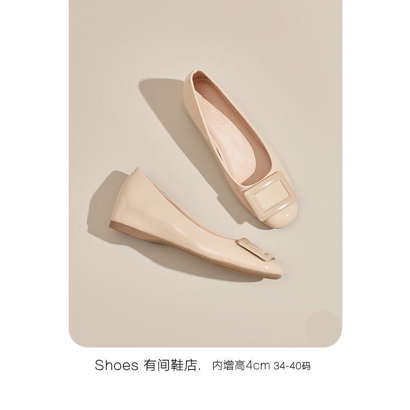 有间鞋店~经典裸色方扣小个子增高5cm浅口单鞋2024夏季方头平底鞋