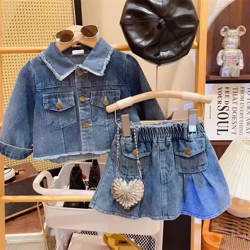 女童高端纯棉长袖外套段半身百褶裙两件套2024春秋季宝宝洋气套装