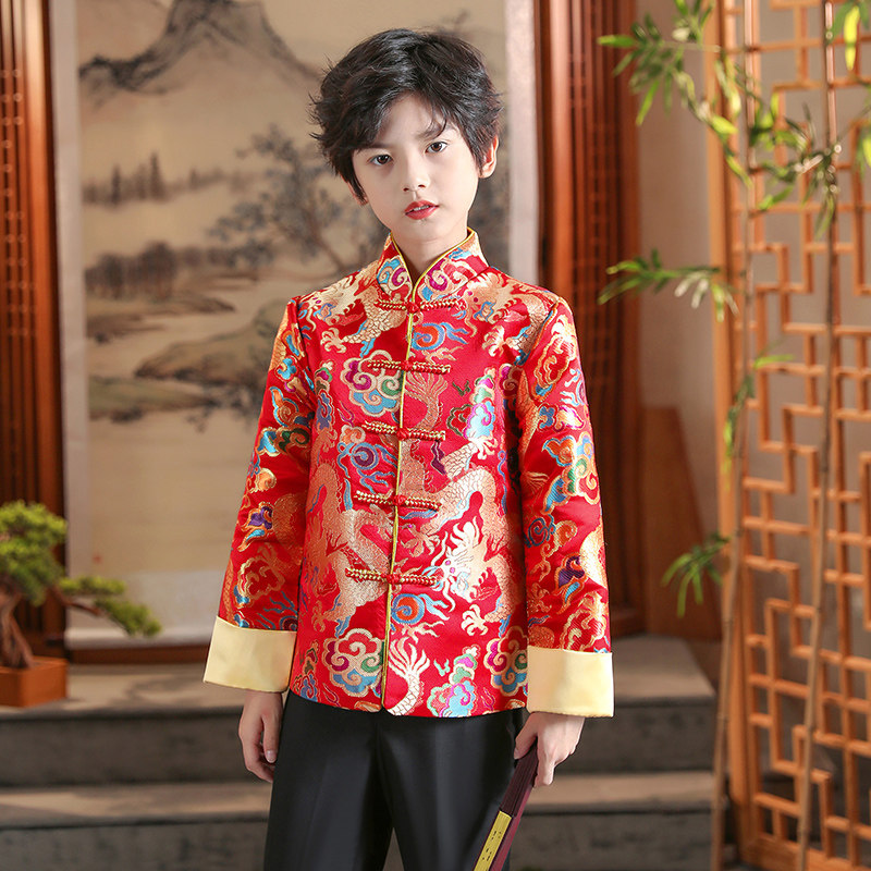 男童唐装春秋小男孩中式主持礼服套装幼儿园中国风红色喜庆演出服
