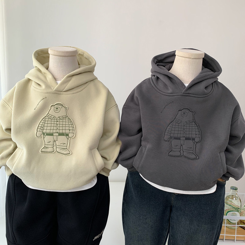 男童加绒连帽卫衣一体绒秋冬套头衫2024新款中小童卡通帅气上衣潮