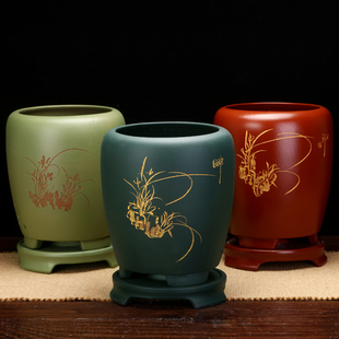 宜兴紫砂兰花盆专用带底座君子兰蕙春建兰圆形简约桌面盆景盆包邮