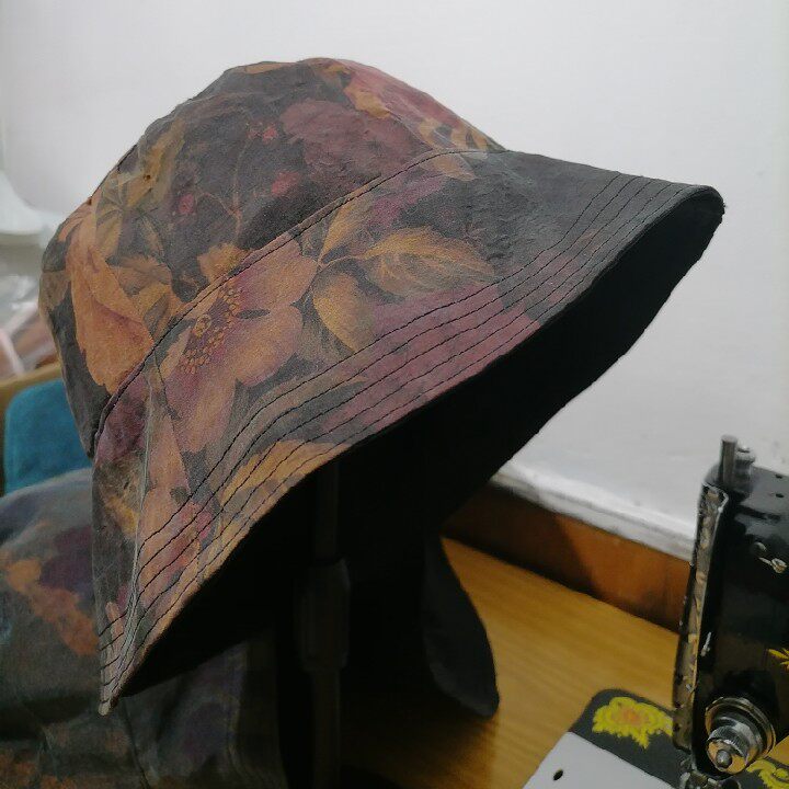 定做手工制作真丝香云纱渔夫帽盆帽防晒帽女士帽子钓鱼帽大檐帽