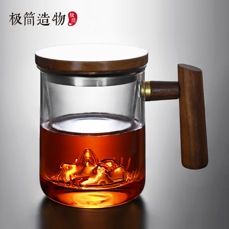 远山玻璃泡茶杯带过滤茶水分离水杯木盖把手花茶杯子办.公室绿茶