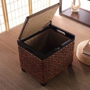 藤木结合田园藤编收纳凳子储物凳换鞋凳沙发方凳可V坐人整理收纳