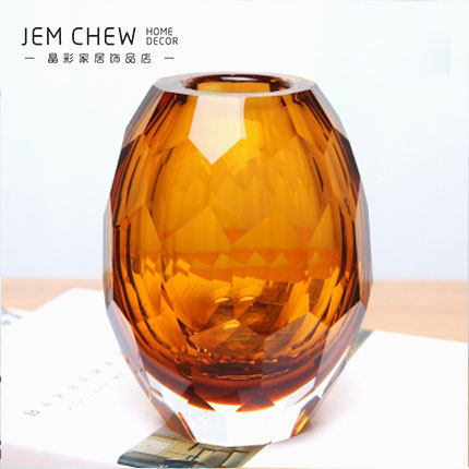 现代简约几何六角花瓶橙色水晶立体高档玻璃花瓶摆U件玄关酒柜软